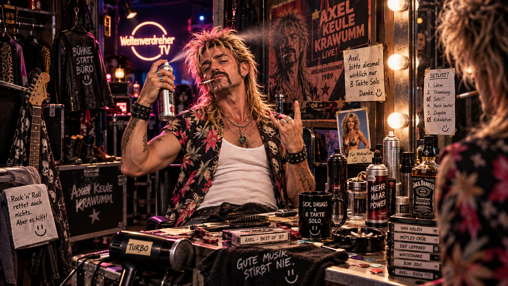 Axel mit Haarspray und erhobener Rockerhand vor seinem Garderobenspiegel, umgeben von Kassetten und Erinnerungen an die Achtziger.