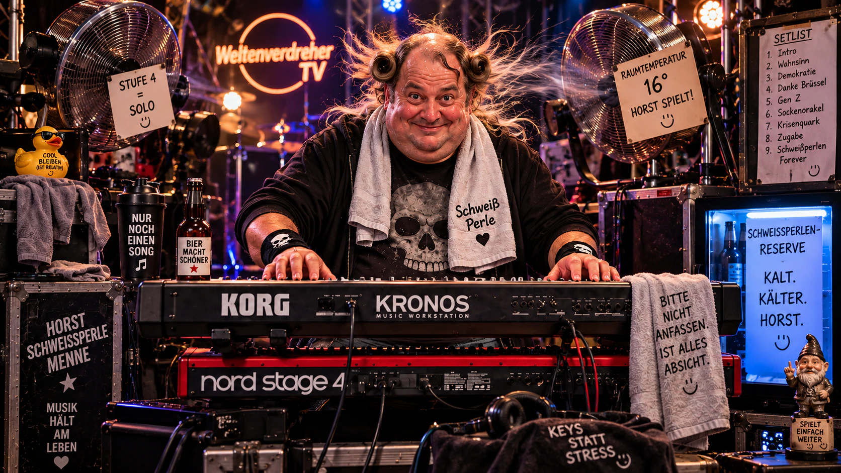 Horst sitzt mit Handtüchern, Ventilatoren und wild aufgestellten Haaren an seinen Keyboards.