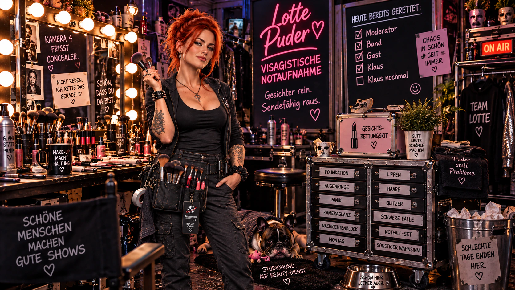 Lotte hält Schminkpinsel an ihrem beleuchteten Arbeitsplatz voller Make-up, beschrifteter Schubladen und kleiner Backstage-Notizen.