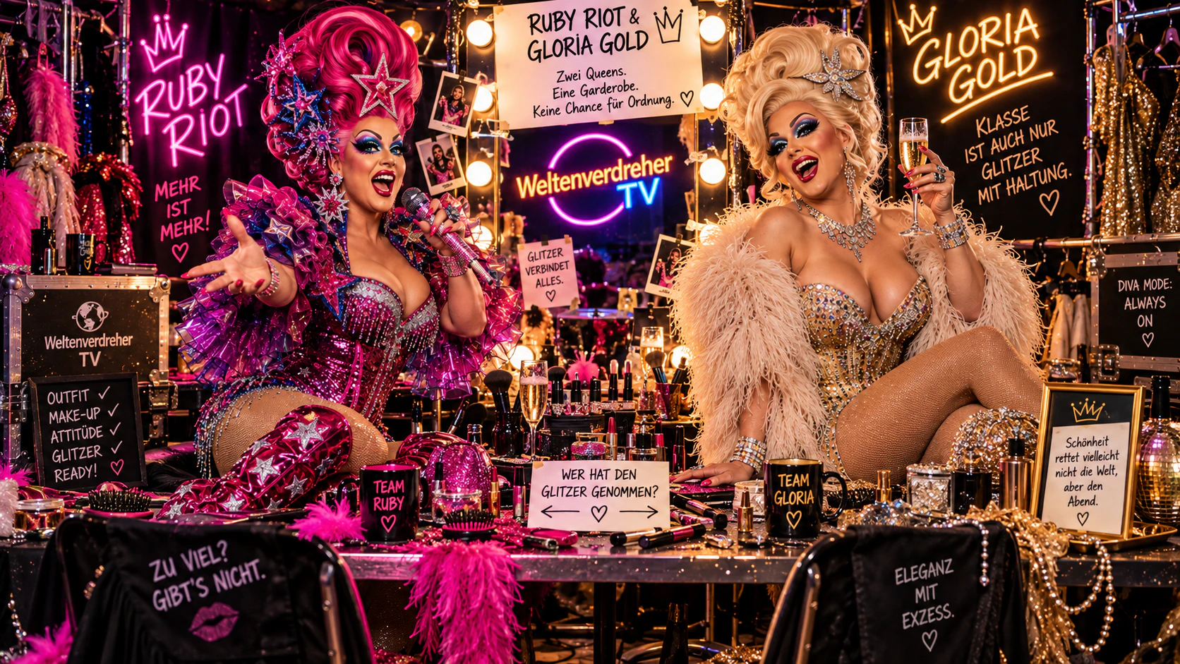 Ruby Riot in Pink und Gloria Gold in Gold sitzen in ihrer gemeinsamen glitzernden Garderobe.