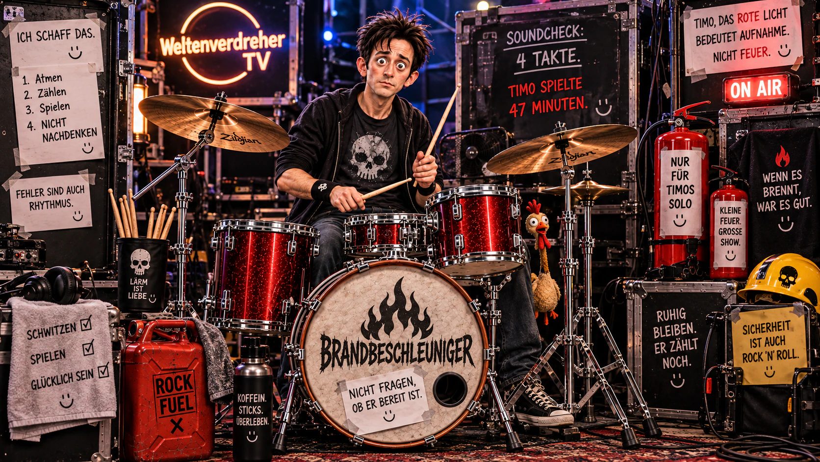 Timo sitzt mit Drumsticks an seinem roten Schlagzeug, umgeben von Notizen und kleinen Mutmachern.