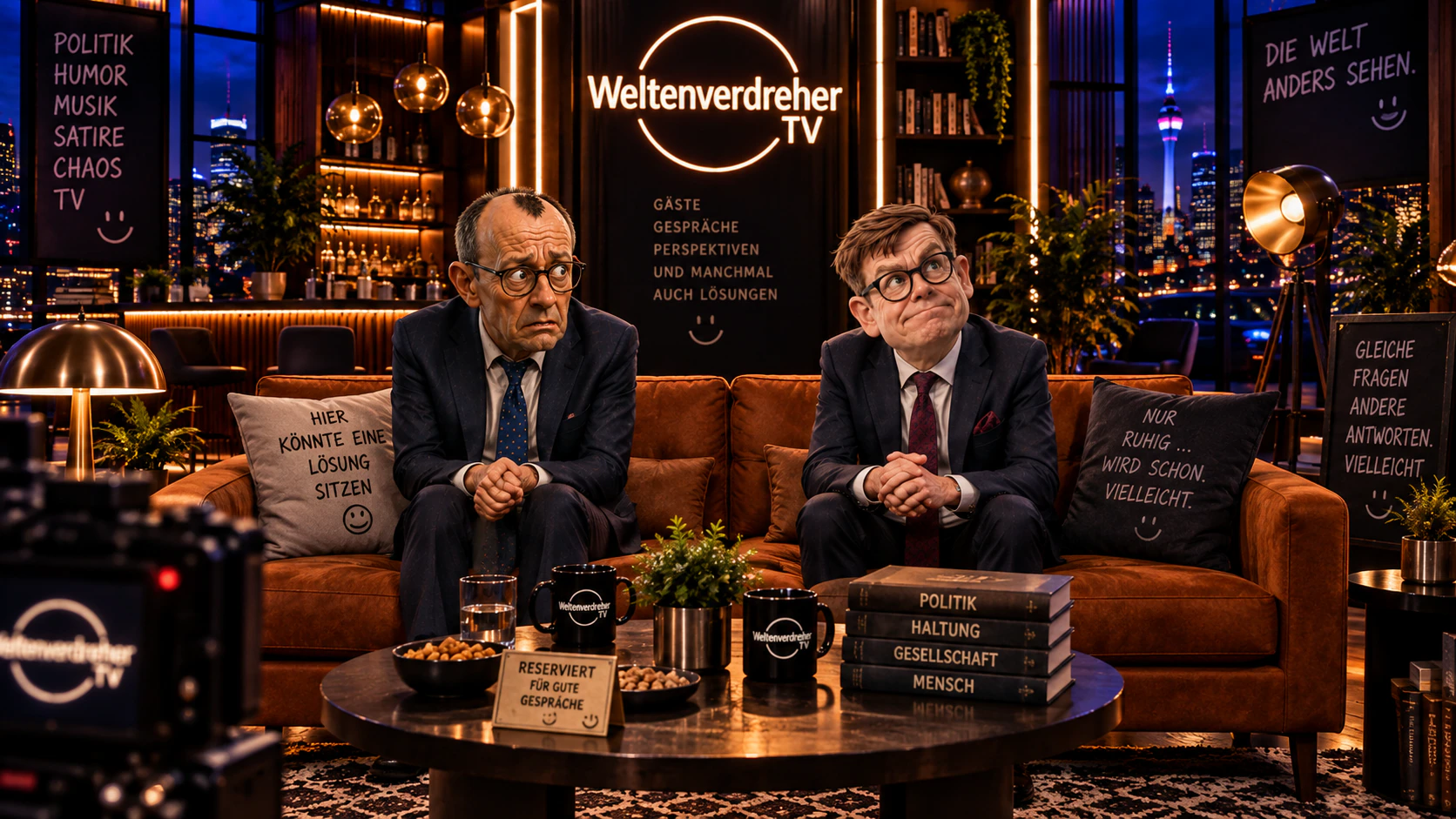 Zwei karikaturhafte Gäste sitzen auf der orangefarbenen Studiocouch vor dem Weltenverdreher-TV-Logo.