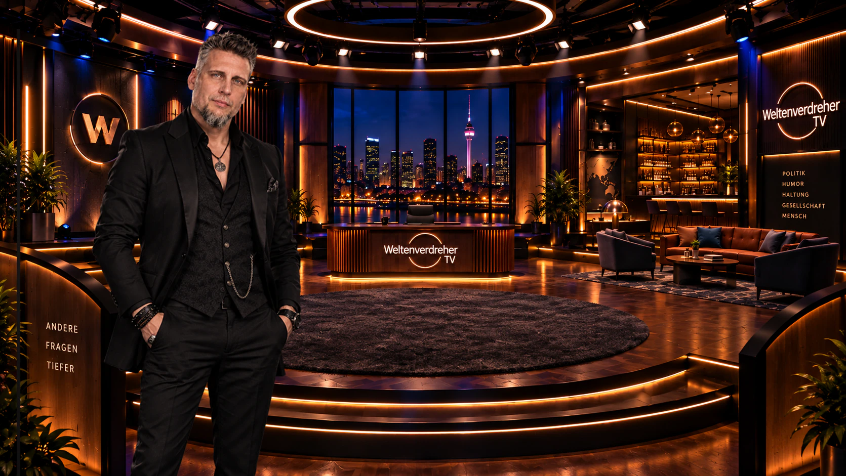 Der Weltenverdreher begrüßt die Zuschauer in seinem warm beleuchteten TV-Studio mit Schreibtisch, Sitzecke und nächtlicher Stadtkulisse.