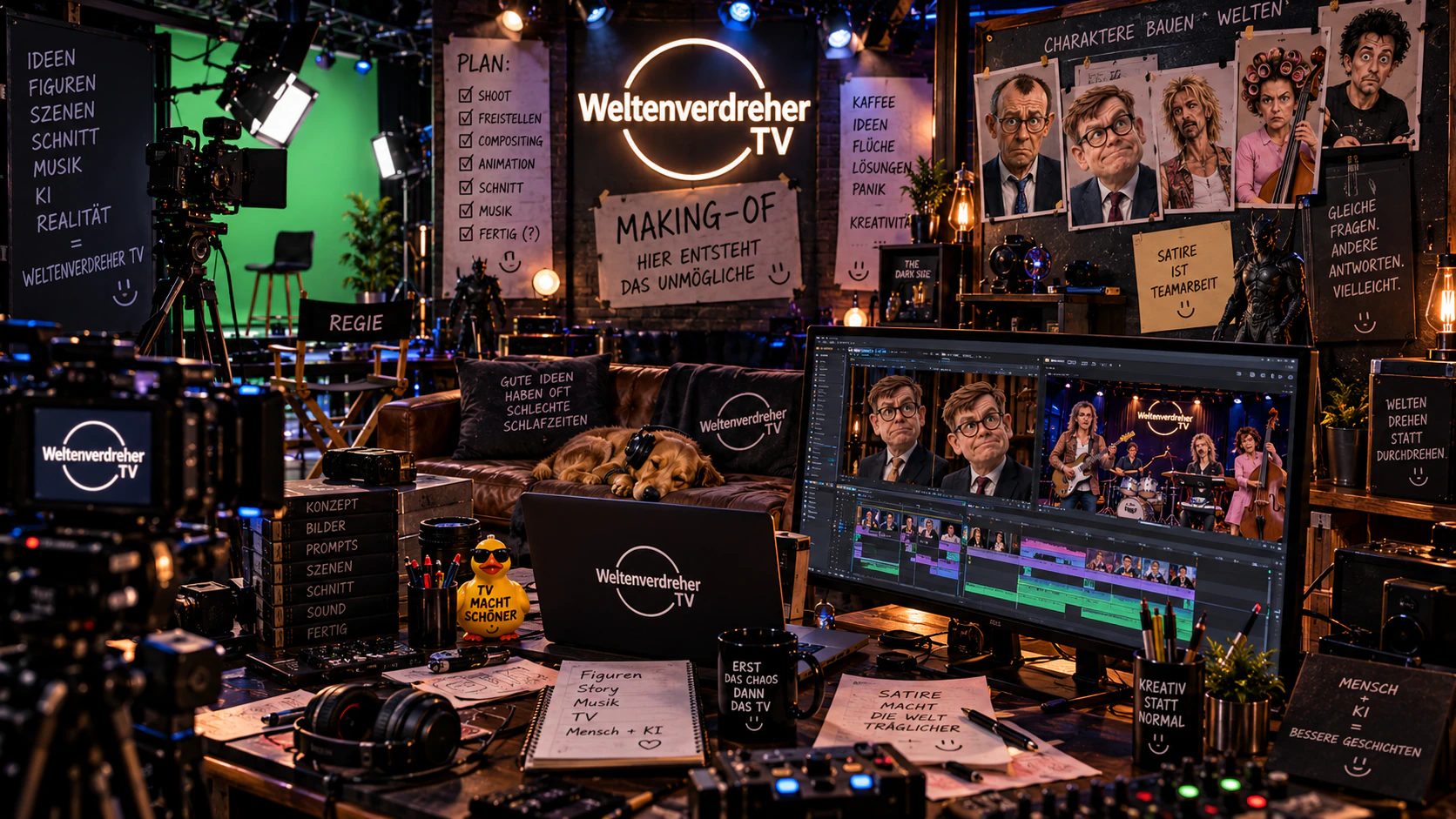 Die Produktionswerkstatt von Weltenverdreher TV mit Kamera, Greenscreen, Figurenentwürfen und einem Schnittplatz.