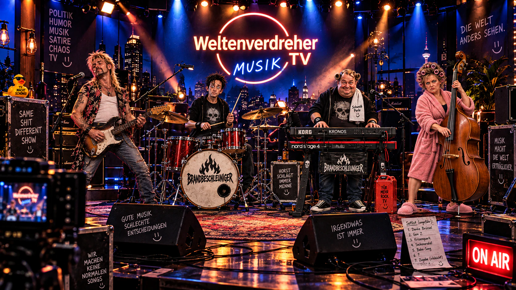 Die Hausband auf der Weltenverdreher-TV-Bühne mit Gitarre, Schlagzeug, Keyboard und Kontrabass im orangefarbenen und blauen Studiolicht.