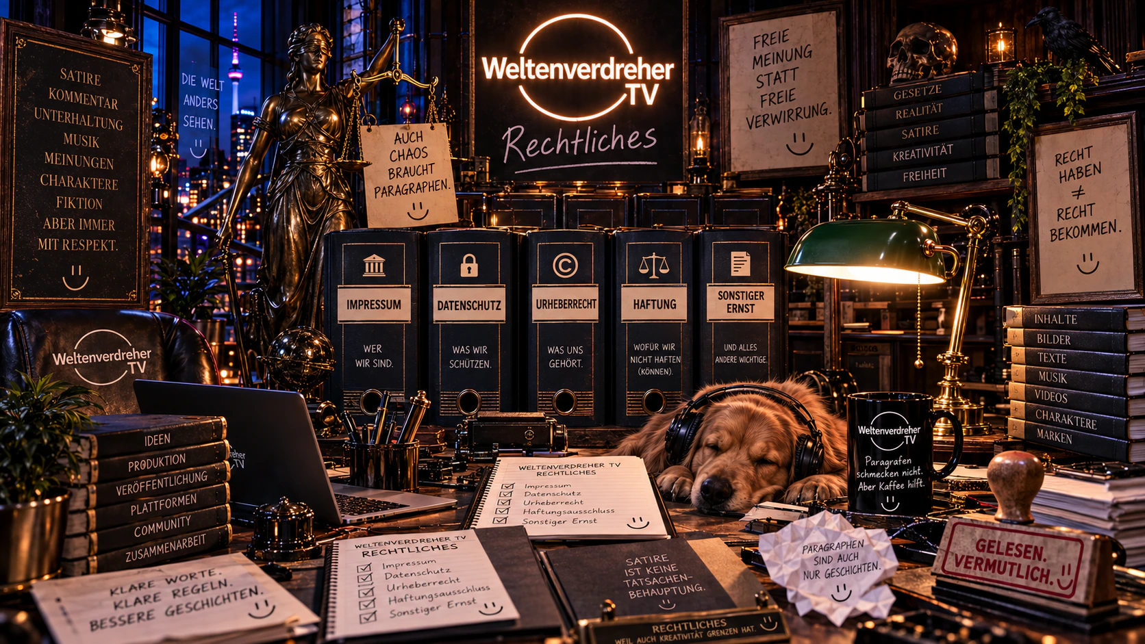 Der Schreibtisch für Rechtliches im Weltenverdreher-TV-Studio mit Justitia, Aktenordnern und einem schlafenden Hund.