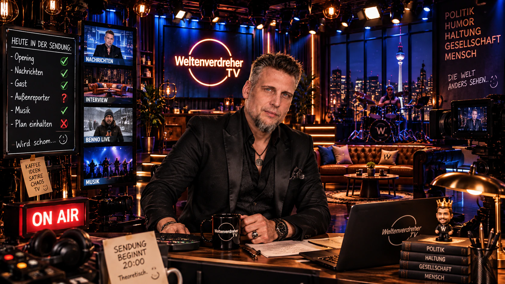 Der Weltenverdreher am Moderationstisch. Rundherum stehen Studiokameras, Monitore und eine Tafel mit dem Ablauf der Sendung.