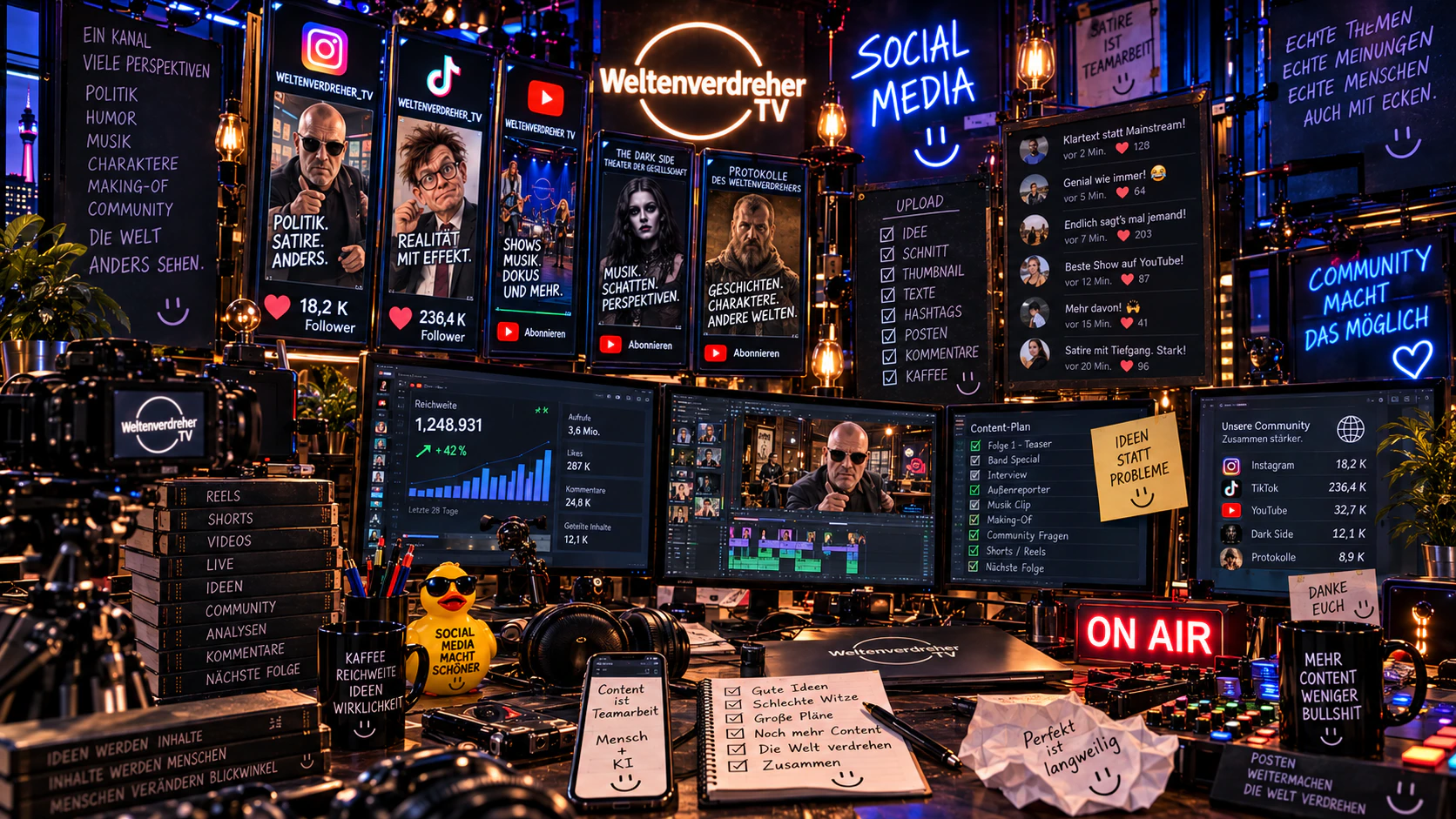 Ein Social-Media-Arbeitsplatz im Weltenverdreher-TV-Studio mit Monitoren für Videos, Kanäle, Kommentare und die Planung neuer Beiträge.
